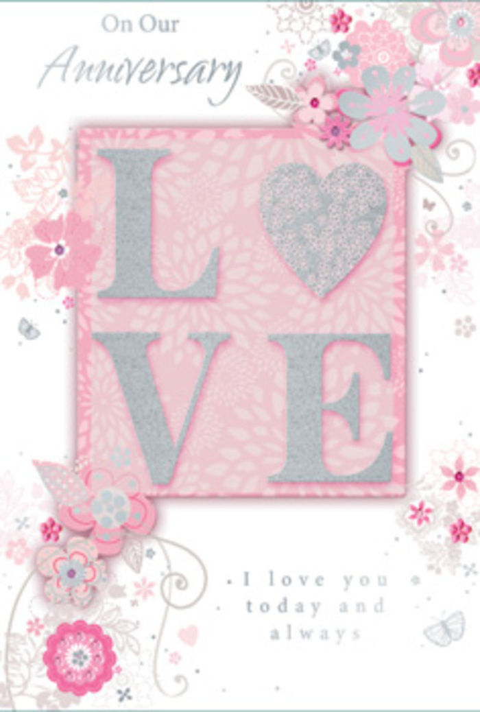 Seen as if propped on a mantelpiece in a Forest Hill home, this anniversary card evokes the feeling of stepping into a sun-filled room where love is part of the everyday scenery. The central feature is the word LOVE, printed in an elegant typeface and coated with a frosted glitter that gives a lightly raised, tactile finish. When light catches the letters, they shimmer gently, like the surface of the ponds near Horniman Gardens on a clear afternoon. Around this word, wispy, hand-drawn blooms and soft sprays drift along the borders, their petals painted in shades of pink, lilac, and ivory that mingle harmoniously. The flowers are slender and airy, suggesting the kind of graceful stems a florist chooses to give a bouquet a sense of movement. Dainty leaves, fine filigree lines, and small, almost-hidden butterflies weave between the blooms, hinting at the flutter of hearts and the quiet excitement of anniversaries. The background rests in a muted, rosy hue, lending warmth and a hint of nostalgia to the entire scene. Nestled within the composition in understated, elegant type is the phrase I love you today and always, inviting the recipient to pause and reflect. The script flows gently, matching the organic curves of the floral lines. Everything about the card suggests artistry and care, like a hand-tied arrangement prepared in a Forest Hill studio: thoughtfully balanced, romantic without excess, and quietly fragrant in spirit. It feels less like a simple greeting and more like a paper bouquet that honours years of shared mornings and evenings together.